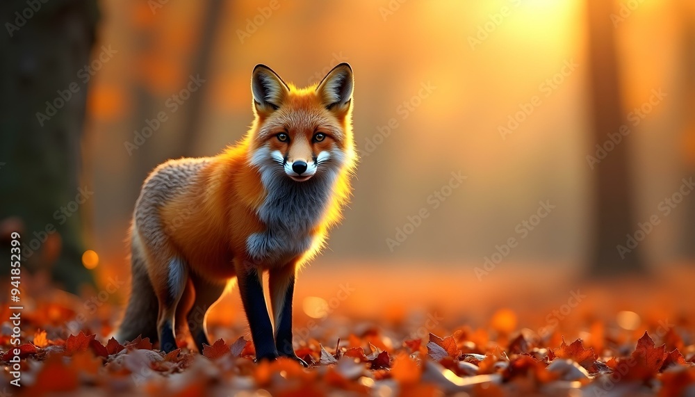 Fototapeta premium A stunning image of a red fox standing in a serene landscape, its vibrant fur contrasting beautifully with the soft, muted colors of the surrounding nature