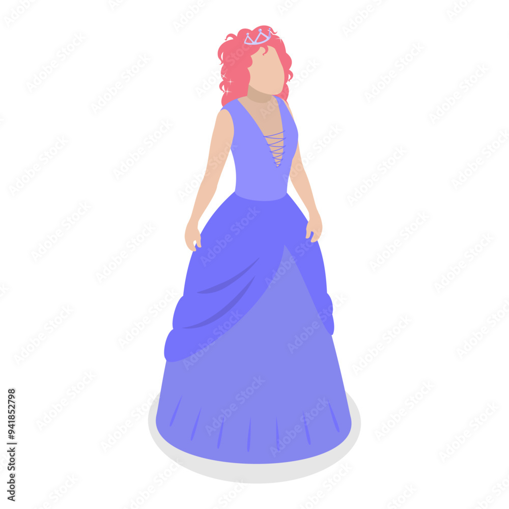 3D Isometric Flat Vector Set of Princess Characters, Beautiful Girlish Dress. Item 1 3D Isometric Flat Vector Set of Princess Characters, Beautiful Girlish Dress. Item 1