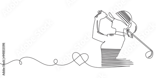 Continuous line drawing of a professional women golfer in golf ball hitting style eps 10