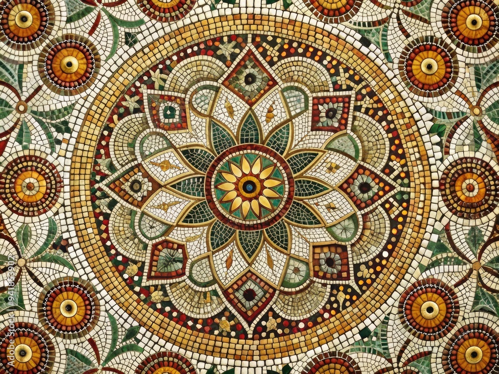 Opulent Mosaic: Geometric circles and dots arranged in a symmetrical, ornate pattern, reminiscent of traditional mosaics, exuding grandeur and elegance. Opulent Mosaic: Geometric circles and dots arranged in a symmetrical, ornate pattern, reminiscent of traditional mosaics, exuding grandeur and elegance.