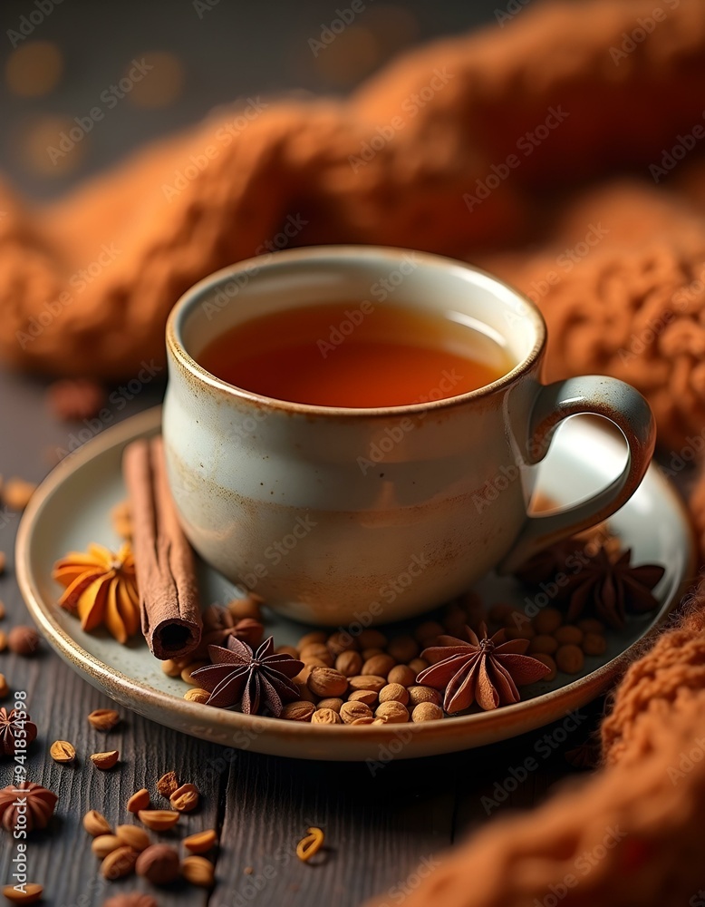 A warm, comforting cup of chai tea, infused with spices like cinnamon and cardamom, perfect for cozy moments A warm, comforting cup of chai tea, infused with spices like cinnamon and cardamom, perfect for cozy moments