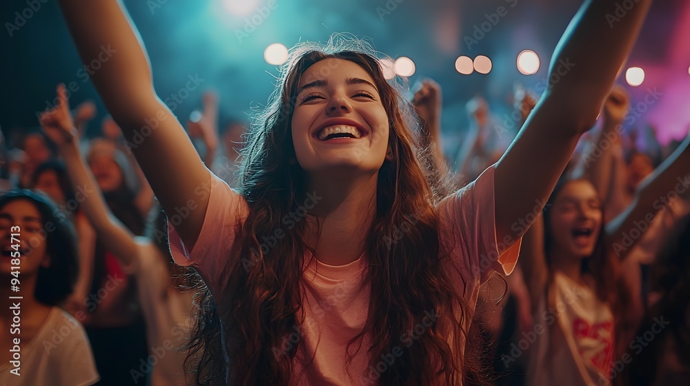 Fototapeta premium Happy young woman celebrating at a vibrant concert with arms raised.