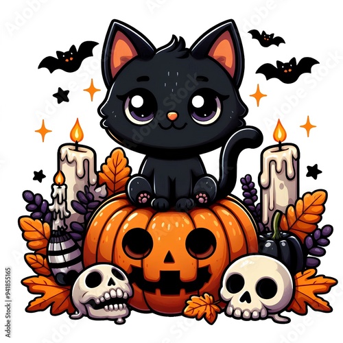 Cartoon black funny cat sitting on spooky pumpkin with autumn leaves, skulls and candles isolated on white background.