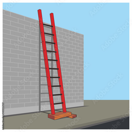 Improper straight ladder practice vector illustration. Not sturdy footrest. Safety standard for industrial, construction work.
