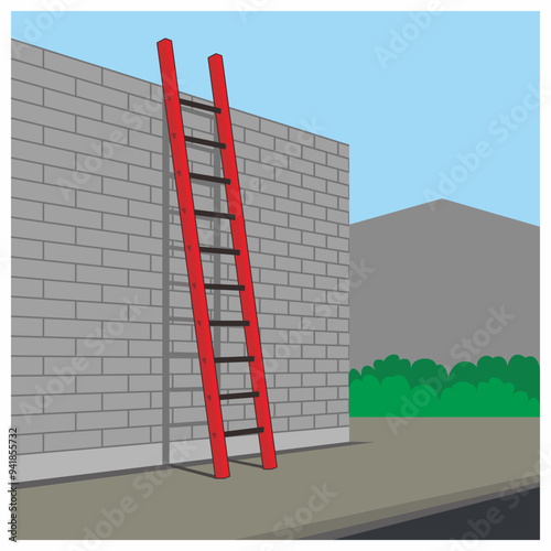 Isometric view of straight ladder installation on the wall. Vector illustration of safety standard for using the equipment and tools for proper access of work at height