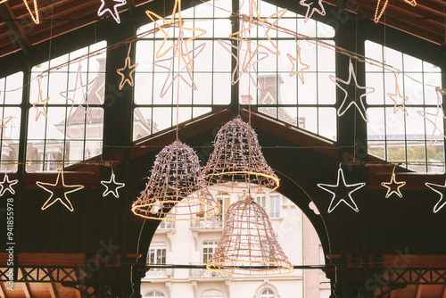 Christmas light decorations bells and start at old market place Montreux, Switzerland