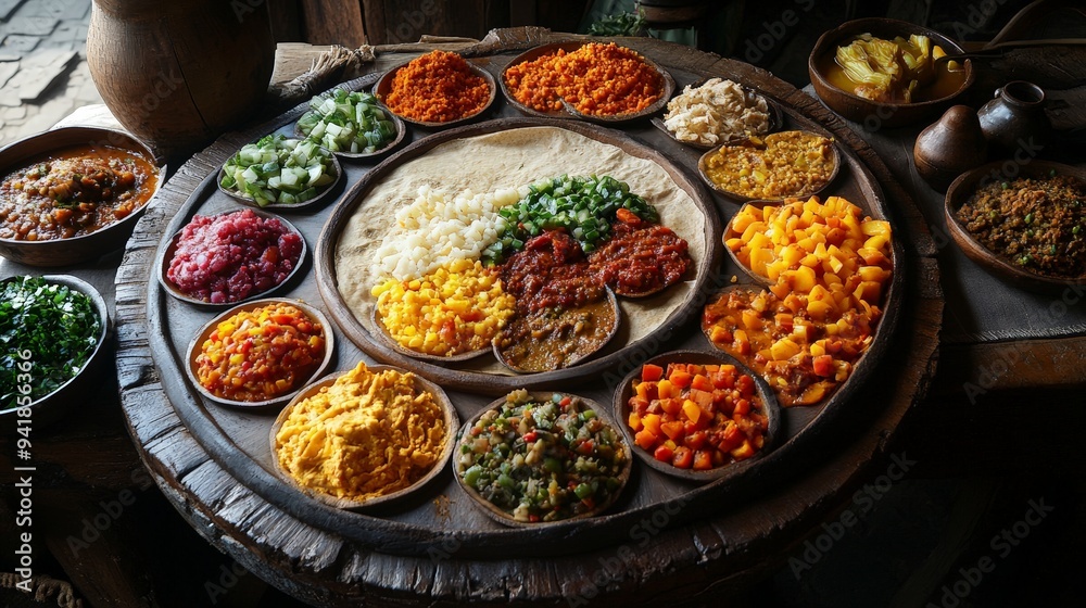 Ethiopian Injera with a variety of colorful stews (wot) and vegetables Ethiopian Injera with a variety of colorful stews (wot) and vegetables