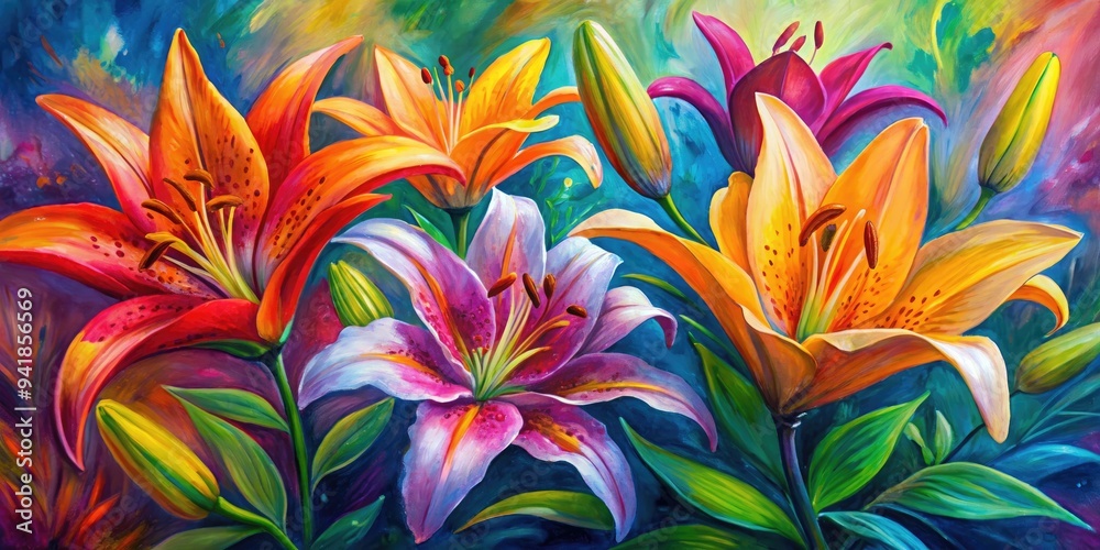 Fototapeta premium Painterly Lily Impression: Brushstrokes, vibrant colors, abstract lily forms, expressive style
