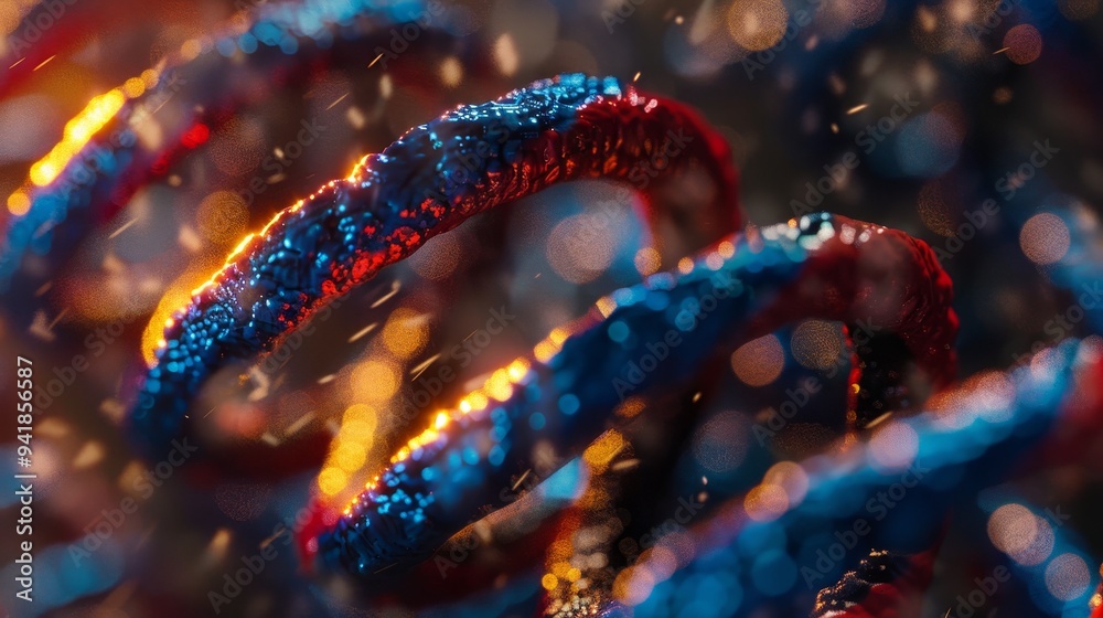 Conceptual close-up view of red and blue intertwined strands, symbolizing complexity and connection within scientific realms. Conceptual close-up view of red and blue intertwined strands, symbolizing complexity and connection within scientific realms.