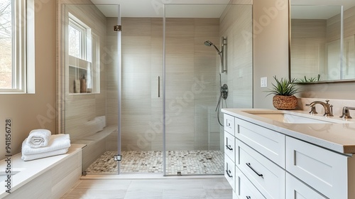 Detailed shot of a minimalist bathroom with a frameless shower, floating vanity, and a neutral color palette