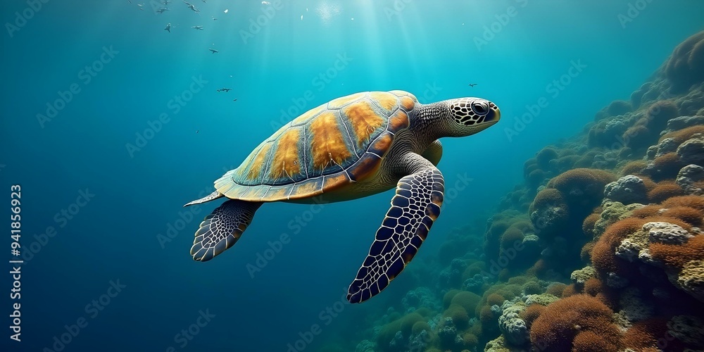 Obraz premium Aerial view of a giant sea turtle swimming gracefully in crystal-clear waters, showcasing its majestic shell and vibrant underwater surroundings.