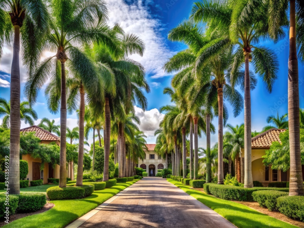 Palm Paradise: Tropical paradise with lush royal palms bordering a driveway leading to a luxurious estate. Palm Paradise: Tropical paradise with lush royal palms bordering a driveway leading to a luxurious estate.