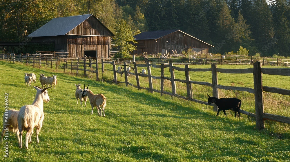 Obraz premium clean and tidy conventional goat farm on green pasture