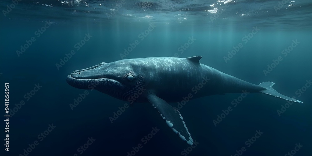 Aerial view of a majestic blue whale surfacing in the ocean, revealing its immense size and powerful presence against the backdrop of deep blue waters Aerial view of a majestic blue whale surfacing in the ocean, revealing its immense size and powerful presence against the backdrop of deep blue waters