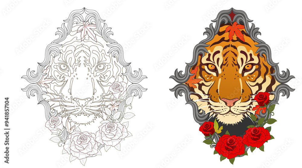 Fototapeta premium Tiger face tattoo design, Japanese style irezumi tattoo concept. Line artwork included 건대타투 타투달 호랑이 문신도안
