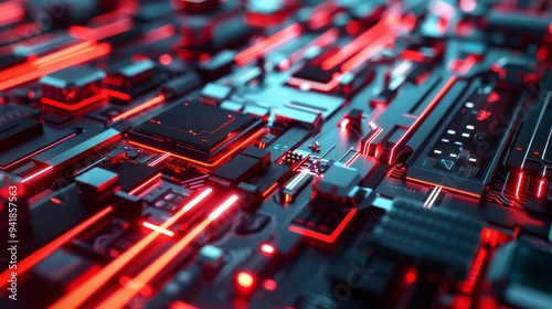 This image showcases a highly detailed and futuristic electronic circuit board with red luminescent lines. photo