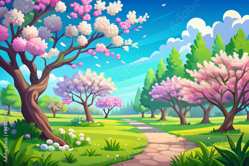 Blissful Spring Meadow Sunlit Trees and Blue Sky
