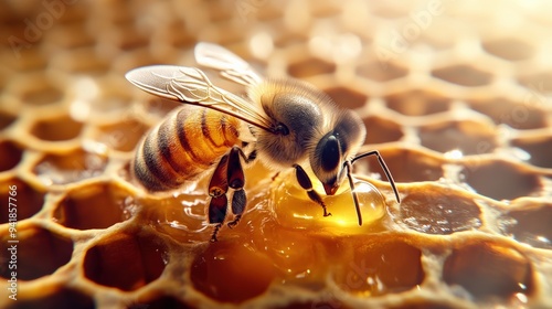 A bee is on a honeycomb, eating honey photo