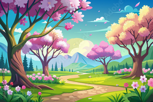 Blissful Spring Meadow Sunlit Trees and Blue Sky