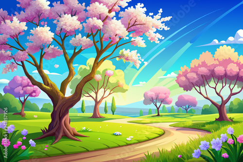 Blissful Spring Meadow Sunlit Trees and Blue Sky