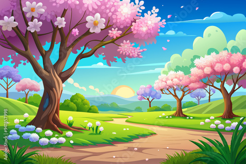 Blissful Spring Meadow Sunlit Trees and Blue Sky
