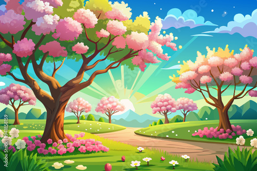 Blissful Spring Meadow Sunlit Trees and Blue Sky