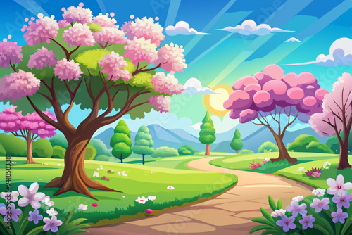 Blissful Spring Meadow Sunlit Trees and Blue Sky