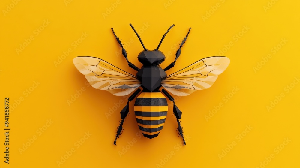 Fototapeta premium A yellow and black striped bee is on a yellow background. The bee is the main focus of the image, and it is in a relaxed and peaceful state. The bright colors of the bee