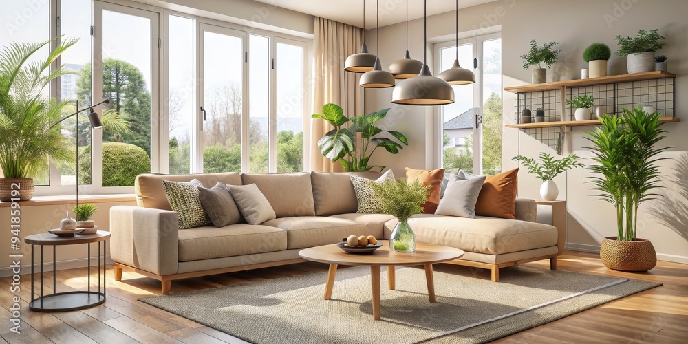 Fototapeta premium Modern Living Room with Beige Sofa and Plants, 3D Rendering, Interior Design, Cozy Home, Natural Light, living room , interior design