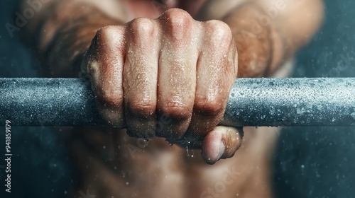 Close-up of a muscular hand gripping a barbell, showcasing strength and determination in an intense workout session. photo