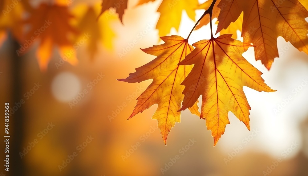 Autumn oak leaves in vibrant hues hang from a tree, set against a beautifully blurred background, creating a serene and colorful fall atmosphere Autumn oak leaves in vibrant hues hang from a tree, set against a beautifully blurred background, creating a serene and colorful fall atmosphere