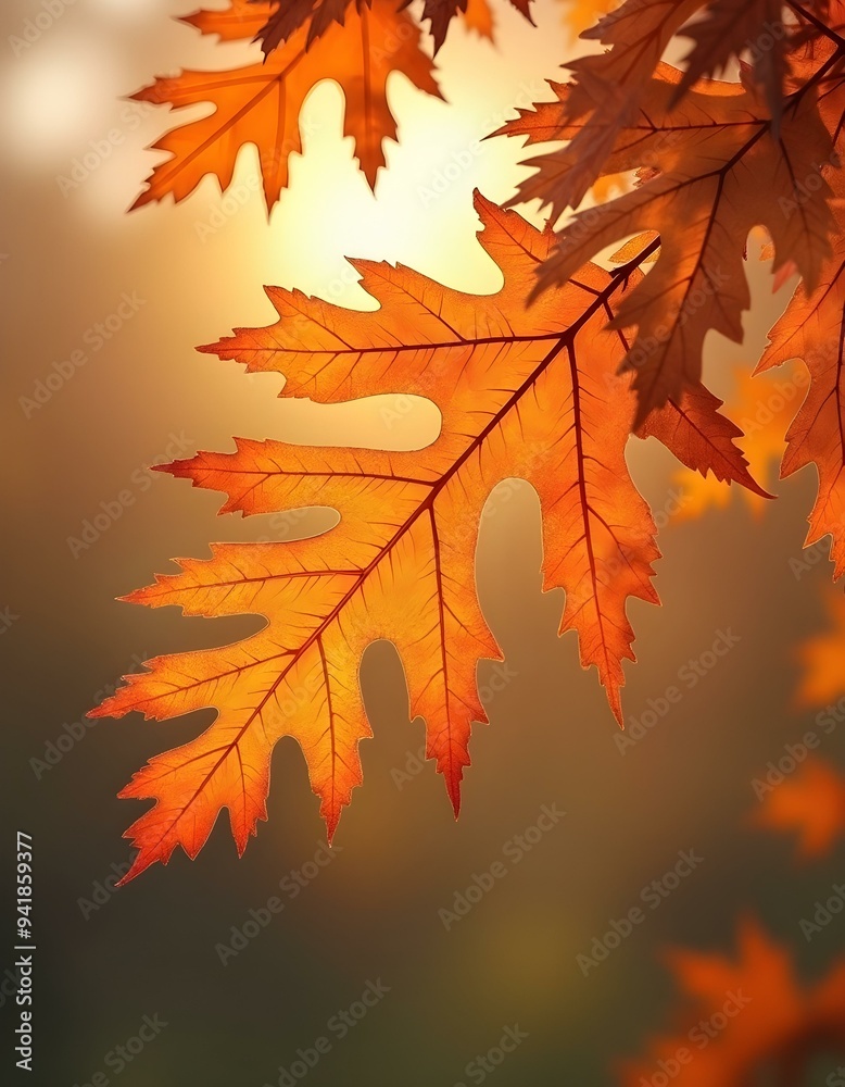 Autumn oak leaves in vibrant hues hang from a tree, set against a beautifully blurred background, creating a serene and colorful fall atmosphere Autumn oak leaves in vibrant hues hang from a tree, set against a beautifully blurred background, creating a serene and colorful fall atmosphere