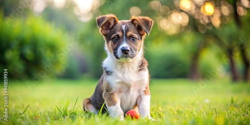 Adorable young puppy sits obediently on a grassy field, ears perked up, holding a tiny ball in its mouth, awaiting commands during obedience training session. photo