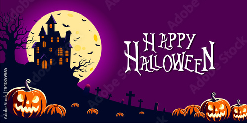 Happy Halloween Text Banner. Halloween haunted old house and cemetery silhouette landscape. Happy Halloween scary background or banner,creepy vector backdrop with fool moon and flying bats, cemetery g