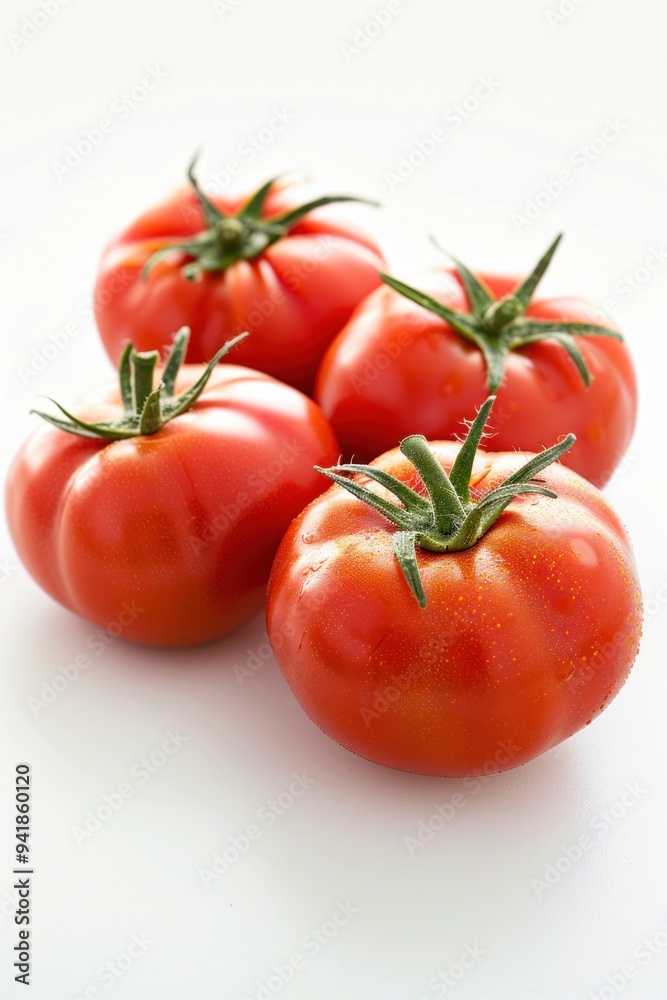 Four fresh red tomatoes with green leaves on white background Four fresh red tomatoes with green leaves on white background