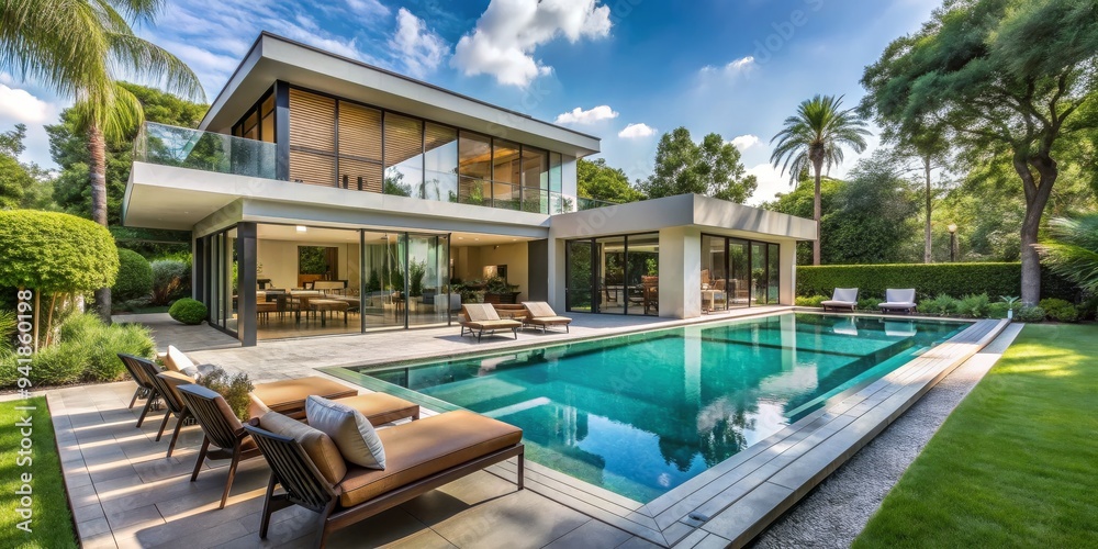 Fototapeta premium Modern Luxury Villa with Pool and Patio, luxury home , swimming pool , patio design , modern architecture