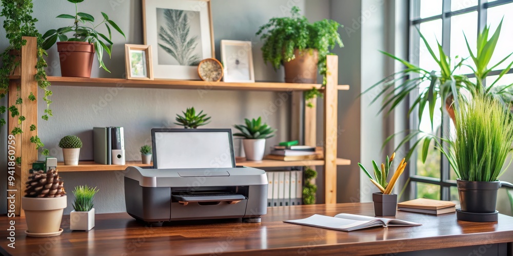 Modern Office Desk with Printer, Plants, and Books, office desk , printer , workspace , productivity