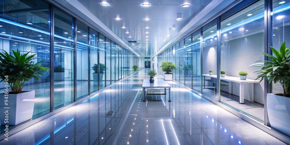 Modern Office Hallway with Glass Walls and Blue Lighting, architecture , interior design , hallway , office space Modern Office Hallway with Glass Walls and Blue Lighting, architecture , interior design , hallway , office space