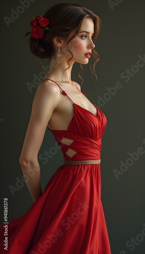 An elegant woman in a flowing ball gown, exuding grace and sophistication. The gown's intricate design complements her poise, making her the center of attention at a formal event.