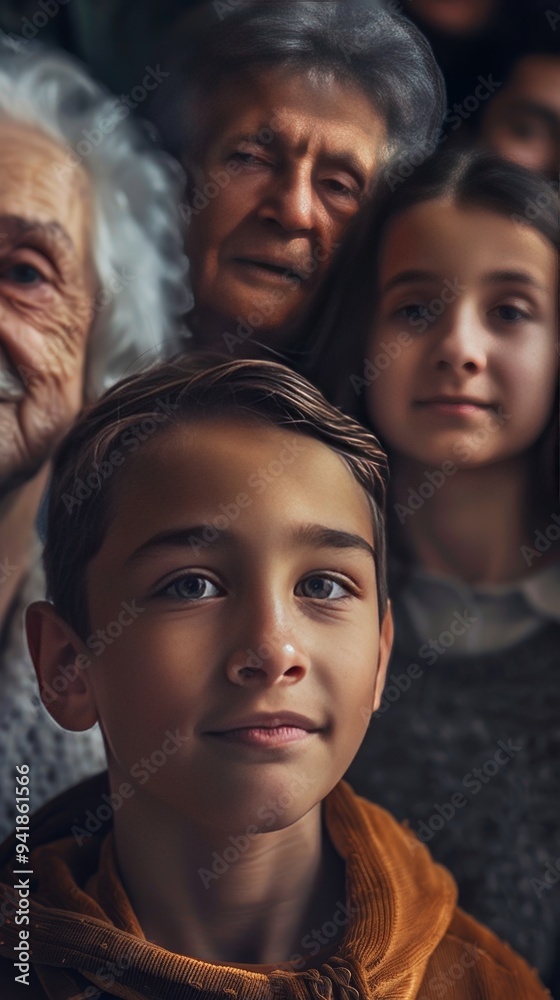 A close-up image showcasing a boy, young girl, and two elder individuals, representing generational family togetherness and connection. A close-up image showcasing a boy, young girl, and two elder individuals, representing generational family togetherness and connection.
