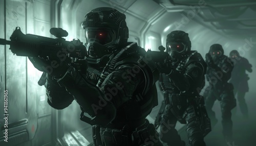 Futuristic soldiers equipped with red laser sight rifles navigate a dark corridor, ready for their next combat mission.