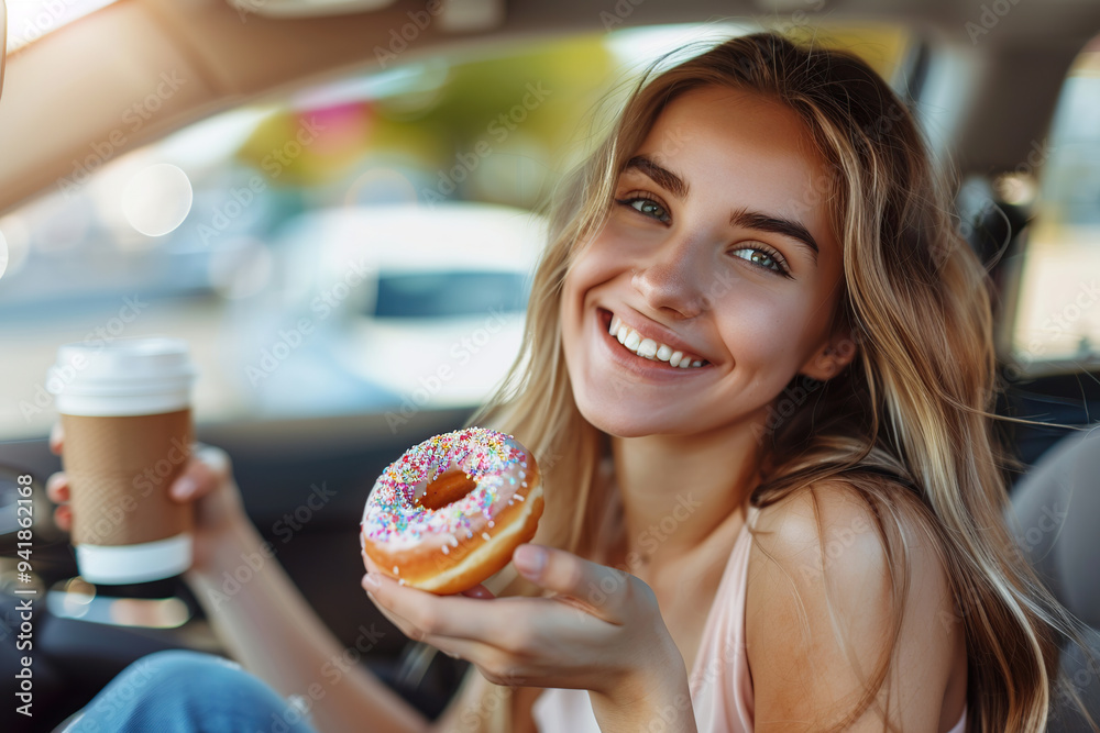 Young woman with coffee to go and sweet donut sitting in her car Young woman with coffee to go and sweet donut sitting in her car
