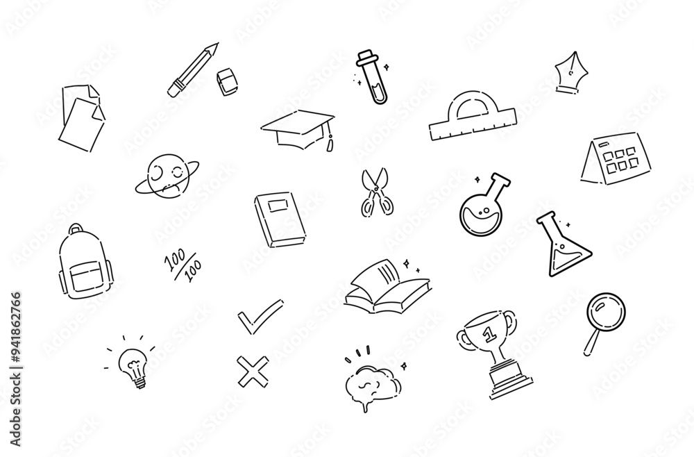 School item cute doodle style illustration set for kid and students. School item cute doodle style illustration set for kid and students.