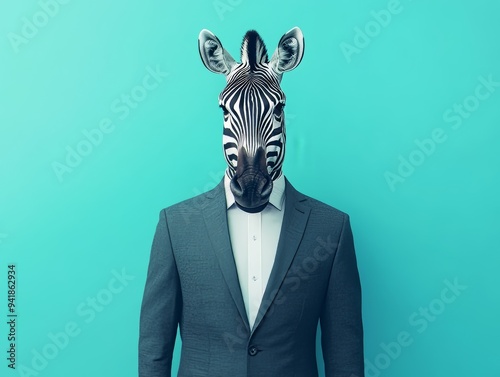 Fashion Forward: Man in Stylish Business Suit with Zebra Head on Solid Background