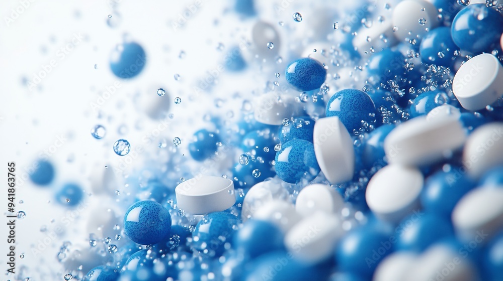Falling blue white medicine pills capsules on white background. Falling blue white medicine pills capsules on white background.