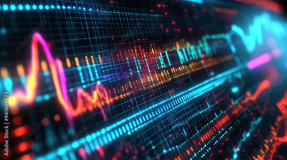 Detailed shot of an electrical waveform graph on a computer screen with complex signal analysis Detailed shot of an electrical waveform graph on a computer screen with complex signal analysis