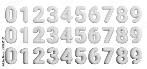 Set of white inflated balloons numbers or digits, with angle variations. 3d render.