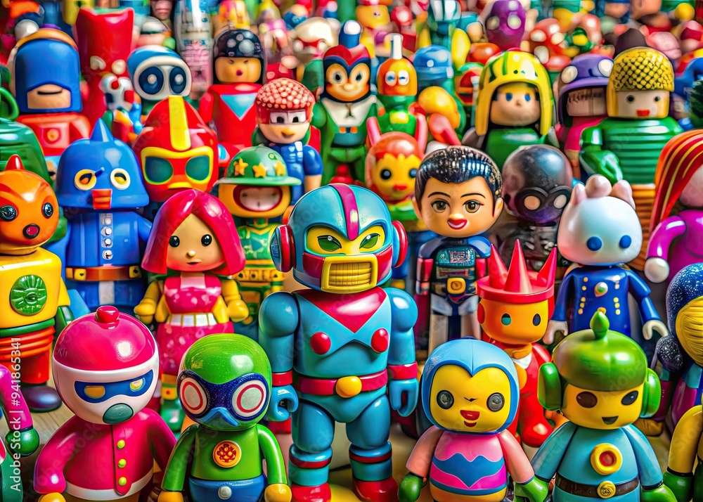 Fototapeta premium Pop Art Toy Extravaganza: Bright, Colorful, Geometric, Pop Culture, Plastic Toys, Iconic Characters