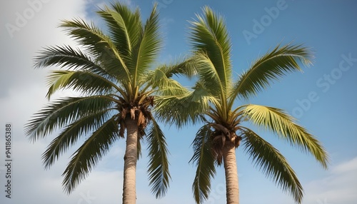 A tall palm tree swaying gently in the breeze, showcasing its fan-shaped leaves and textured trunk against a clear blue sky, evoking a tropical paradise.