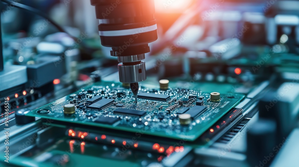 Robotic Arm Crafting an Electronic Circuit Board in a High-Tech Manufacturing Facility Robotic Arm Crafting an Electronic Circuit Board in a High-Tech Manufacturing Facility
